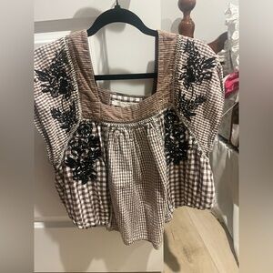 We The Free Brown Checkered Blouse with Black Embroidery